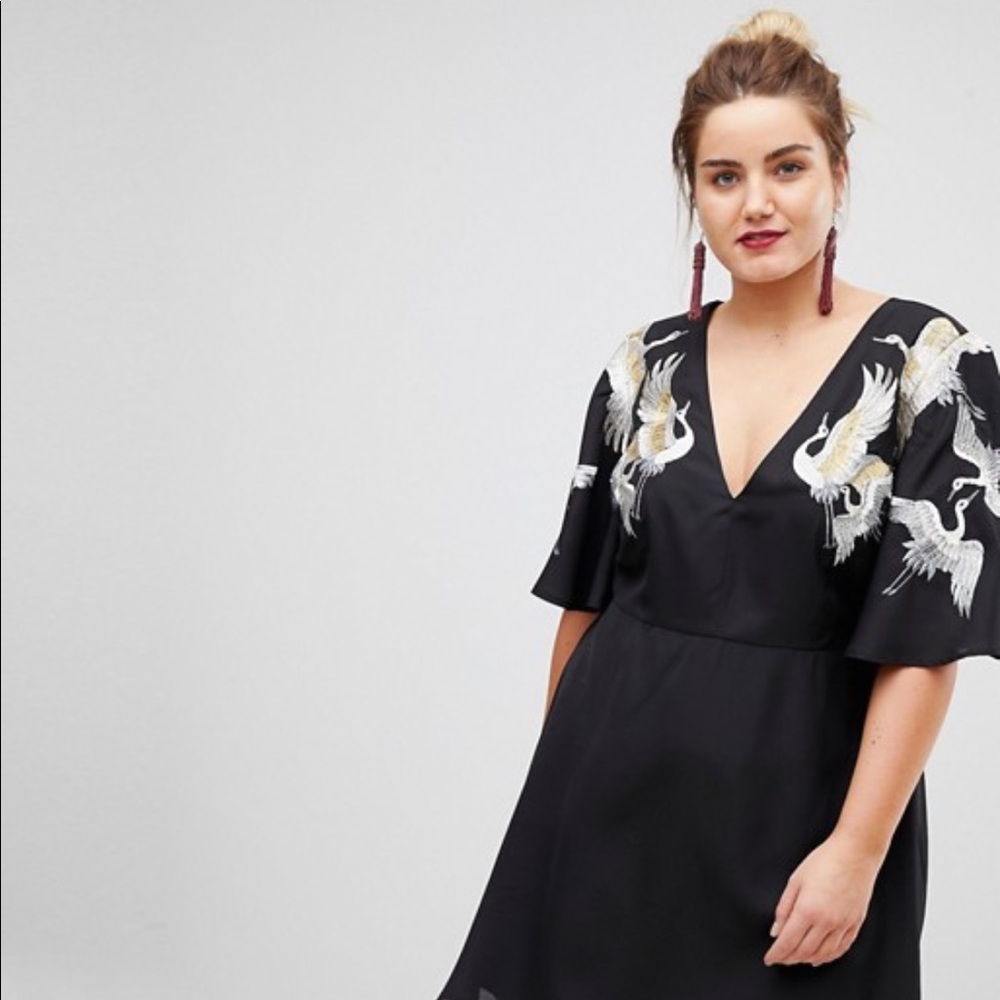 ASOS CURVE Bird Embroidered Flutter Sleeve Dress